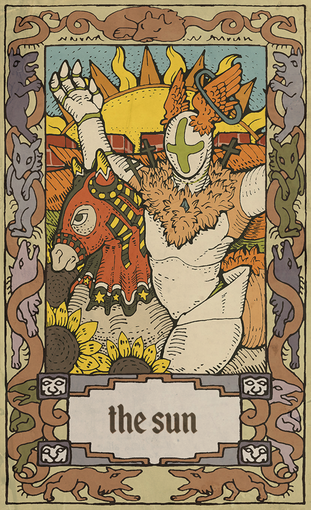 border card card_template claws cloud duo feral fortune_telling fur major_arcana outside sky tarot tarot_card text the_sun_(tarot) wings musorok mothiel ambiguous_species equid equine mammal