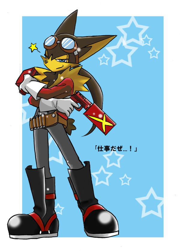 anthro boots clothing footwear gun knee_boots knee_highs legwear male pattern_background ranged_weapon shoes simple_background solo star-shaped_background weapon satomi-m1 bandai_namco klonoa_(series) guntz canid canine canis mammal wolf 2013 digital_media_(artwork) full-length_portrait portrait