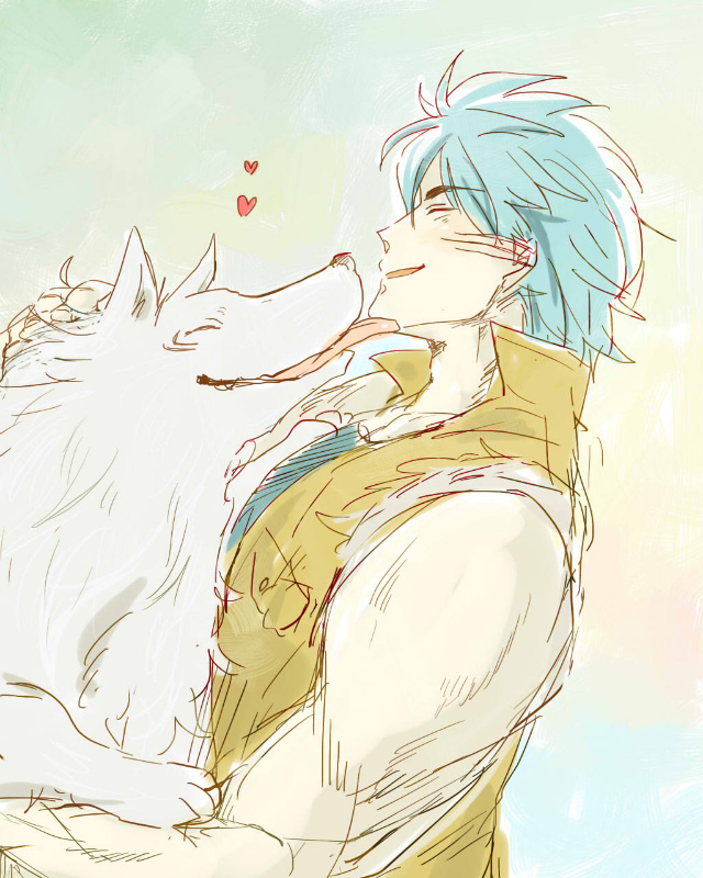 anthro blue_hair cloth duo feral fur hair male side_view white_body white_fur unknown_artist toriko_(series) terry_cloth toriko battle_wolf canid canine canis human mammal wolf 4:5 digital_media_(artwork) half-length_portrait portrait