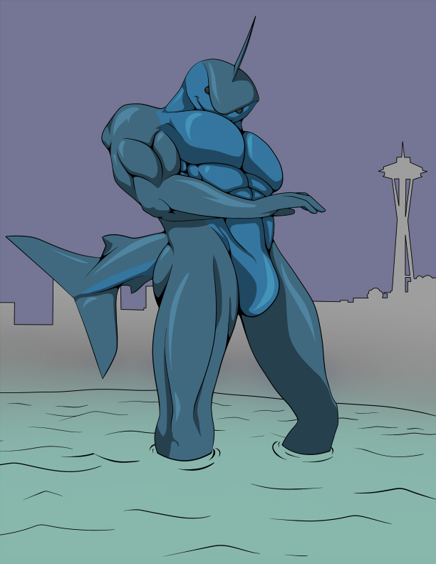 anthro building featureless_crotch glistening landmark macro male muscular muscular_anthro muscular_male nude partially_submerged seattle skyline solo space_needle standing_in_water tail water feznir fish marine shark