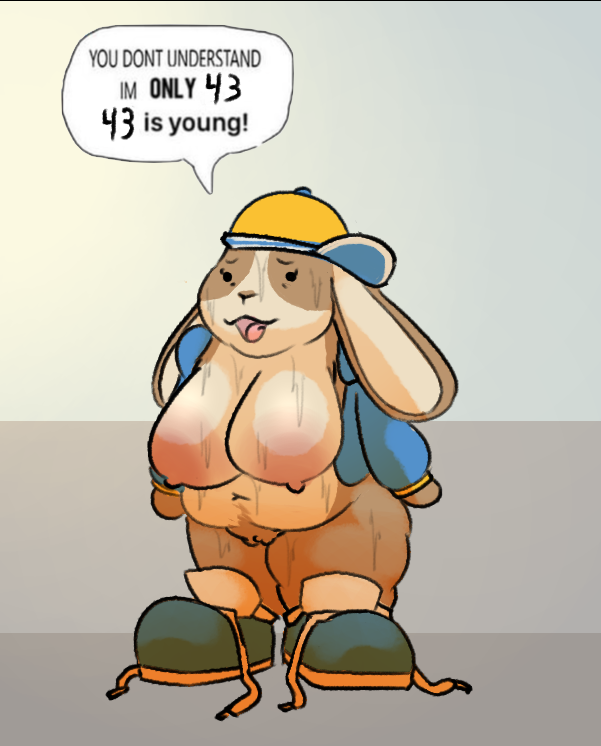 anthro big_breasts bodily_fluids breasts clothed clothing eyelashes female floppy_ears footwear fur genitals hat headgear headwear jacket open_mouth overweight overweight_anthro overweight_female partially_clothed pussy shoelaces simple_background solo sweat text topwear oxkingky how_to_be_cool peeb_(piemations) lagomorph leporid mammal rabbit english_text