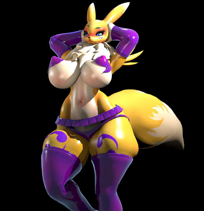 anthro clothing female fluffy fluffy_tail gloves hands_behind_head handwear latex latex_clothing pasties solo tail maxwell258 bandai_namco digimon renamon_(bom39) digimon_(species) renamon 3d_(artwork) digital_media_(artwork)