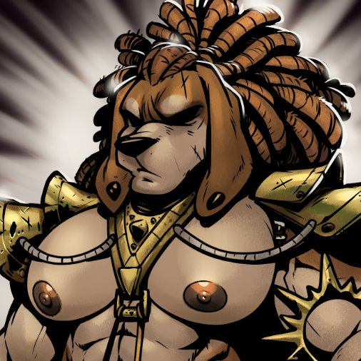 abs anthro armor backlighting brown_body brown_fur darkened_eyelids dreadlocks ear_piercing fantasy floppy_ears fur gauged_ear hair light long_hair male muscle_tone muscular muscular_anthro muscular_male pecs piercing shoulder_guards solo tan_body tan_fur marlon.cores darkest_dungeon jojo's_bizarre_adventure nugget_(diadorin) bird_dog canid canine canis cocker_spaniel domestic_dog hunting_dog mammal pillar_man spaniel 1:1 lighting