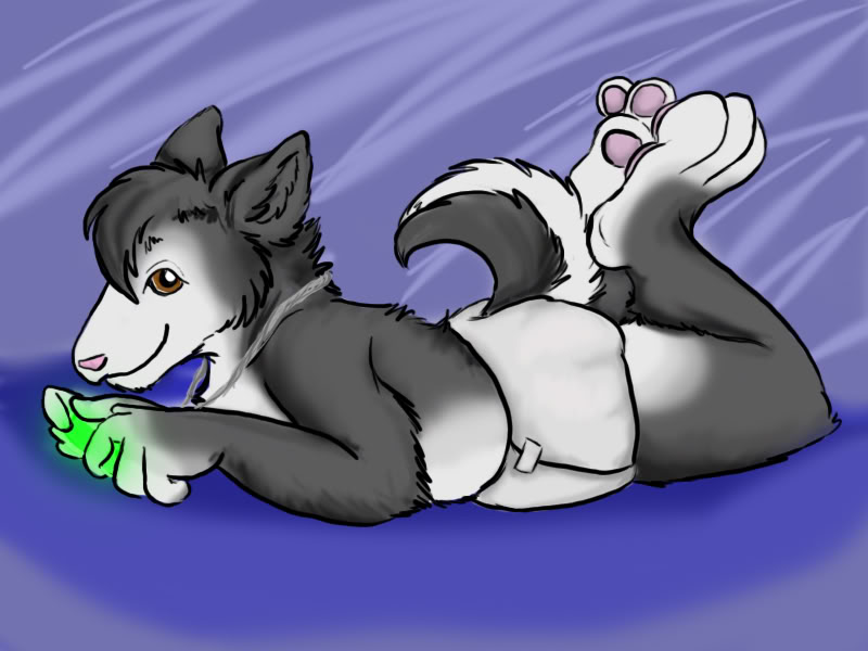 ageplay anthro clean_diaper clothing diaper fur glowing glowstick grey_body grey_fur infantilism male playing roleplay solo tail white_diaper young young_anthro banrai canid canine canis domestic_dog husky mammal nordic_sled_dog spitz 4:3 digital_media_(artwork) full-length_portrait portrait