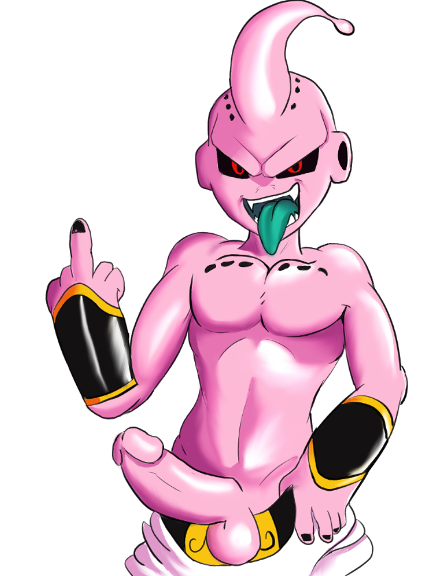 balls clothed clothing genitals gesture hand_gesture male middle_finger not_furry open_mouth penis pink_body pink_skin red_eyes solo teasing teeth tongue littletrixter dragon_ball dragon_ball_z kid_buu majin_buu alien alien_humanoid humanoid majin 2019