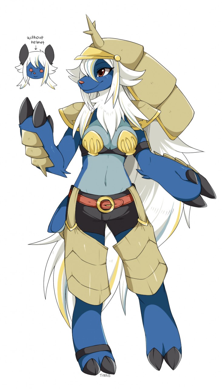 anthro anthrofied armor blue_body blue_skin breasts clothed clothing female hair headgear helmet long_hair pokemorph simple_background smile solo white_hair tattoorexy tiaamaito nintendo pokemon fan_character sapphire_(ruisu-kun) generation_5_pokemon mammal pokemon_(species) samurott digital_media_(artwork) hi_res