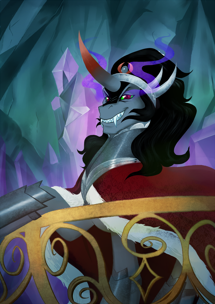 eye_mist fangs grin hair horn male smile smoking_eyes solo teeth toothy_grin plumsweet friendship_is_magic hasbro my_little_pony mythology king_sombra_(mlp) equid equine mammal mythological_creature mythological_equine unicorn