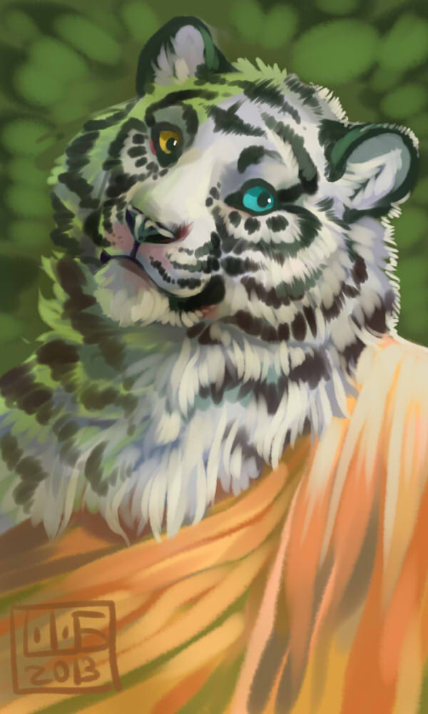 anthro black_body black_fur black_stripes blue_eyes buddhism buddhist_priest_outfit clothing fur green_background looking_aside male monk orange_clothing plant simple_background smile solo striped_body striped_fur stripes white_body white_fur yellow_eyes shakara felid mammal pantherine tiger 3:5