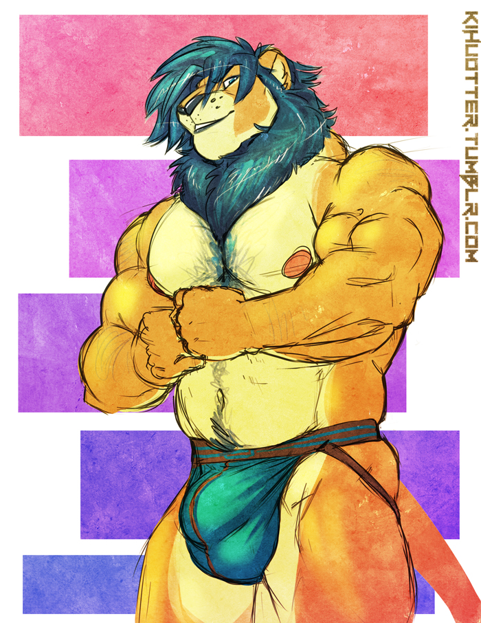 anthro biceps big_muscles bulge clothed clothing detailed_bulge flexing genital_outline jockstrap male mane musclegut muscular muscular_anthro muscular_male nipples pecs penis_outline slightly_chubby solo topless underwear kihu tendaji felid lion mammal pantherine 2014