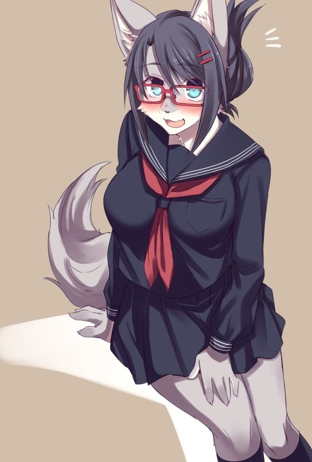 5_fingers anthro big_breasts black_bottomwear black_clothing black_hair black_shirt black_skirt black_topwear blue_eyes blush bottomwear breasts brown_background clothed clothing eyewear female female_anthro fingers fluffy fluffy_tail fully_clothed fur glasses grey_body grey_fur hair kemono long_sleeves looking_at_viewer mature_anthro mature_female open_mouth open_smile red_eyewear red_glasses school_uniform shirt simple_background sitting skirt smile snout solo tail topwear uniform sgsix canid canine canis mammal wolf 2016