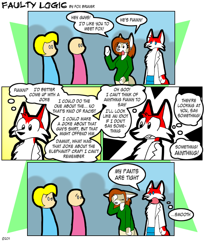 4_panel_comic anthro blue_bottomwear blue_clothing blue_pants bottomwear chest_tuft clothing coat dialogue dot_eyes facepalm female group humor inner_monologue lab_coat male panicking pants smile speech_bubble text thinking thought_bubble topwear tuft worried tempestryder fox_(faulty_logic) canid canine fox mammal 2011 comic english_text