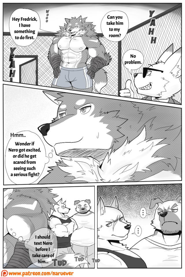 abs anthro biceps big_muscles clothed clothing dialogue fur male muscular muscular_male nipples patreon_logo patreon_username pecs text naruever patreon zack_(naruever) canid canine canis mammal wolf 2017 2:3 comic english_text greyscale monochrome url