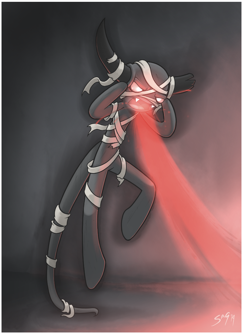 anthro bandage black_body black_skin blood bodily_fluids border brimstone_(binding_of_isaac) darkness fangs featureless_arms featureless_legs glowing glowing_eyes horn male red_eyes scratches solo teeth white_border notyoursagittarius the_binding_of_isaac_(series) the_adversary demon 2014