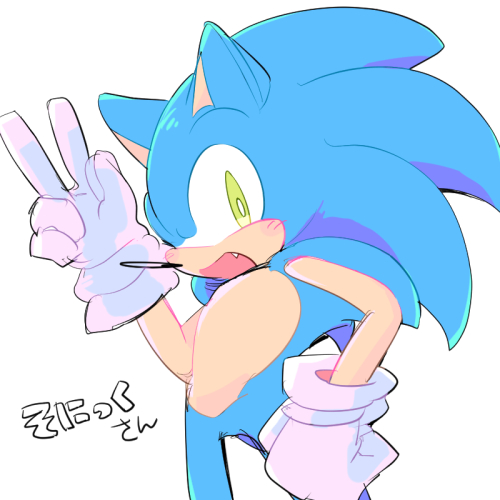 anthro blue_body blue_fur blush clothing cute_fangs fangs fur gesture gloves green_eyes hand_gesture hand_on_hip handwear male open_mouth open_smile simple_background smile solo teeth text v_sign white_background white_clothing white_gloves white_handwear sikai sega sonic_the_hedgehog_(series) sonic_the_hedgehog eulipotyphlan hedgehog mammal 1:1 japanese_text low_res