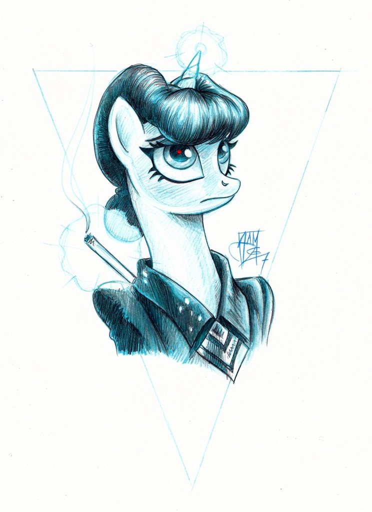 cigarette female glowing glowing_eyes horn parody smoking solo aerosaur83 blade_runner friendship_is_magic hasbro my_little_pony mythology rachael_(blade_runner) equid equine mammal mythological_creature mythological_equine replicant unicorn crossover traditional_media_(artwork)