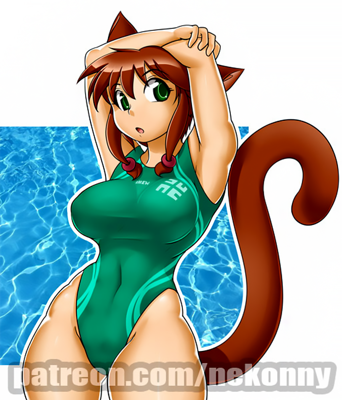 accessory arms_above_head big_breasts breasts brown_body brown_fur brown_hair clothing female fur glistening glistening_body green_eyes hair hair_accessory hand_on_head looking_at_viewer navel navel_outline one-piece_swimsuit open_mouth raised_tail solo swimwear tail transformation water nekonny imew_(webcomic) sammy_(imew) animal_humanoid cat_humanoid felid felid_humanoid feline feline_humanoid felis humanoid mammal mammal_humanoid watermark