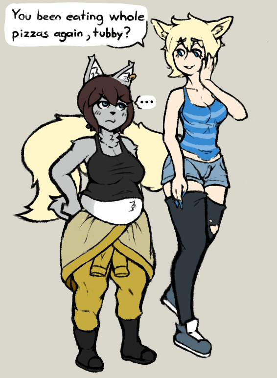 anthro biped blonde_hair blue_eyes boots bottomwear breasts brown_hair clothing dialogue ear_piercing ellipsis female fluffy fluffy_tail footwear fur grey_background grey_body grey_ears grey_fur grey_tail hair inner_ear_fluff jumpsuit legwear long_tail multicolored_body multicolored_fur pale_skin piercing shirt shoes short_hair short_tail shorts simple_background slightly_chubby speech_bubble standing stockings tail tank_top text thigh_highs topwear tuft two_tone_body two_tone_fur white_body white_fur white_inner_ear white_inner_ear_fluff yellow_tail degooed joanna_marshall perrin_kade animal_humanoid cat_humanoid felid felid_humanoid feline feline_humanoid humanoid mammal mammal_humanoid 2018 comic digital_media_(artwork) english_text