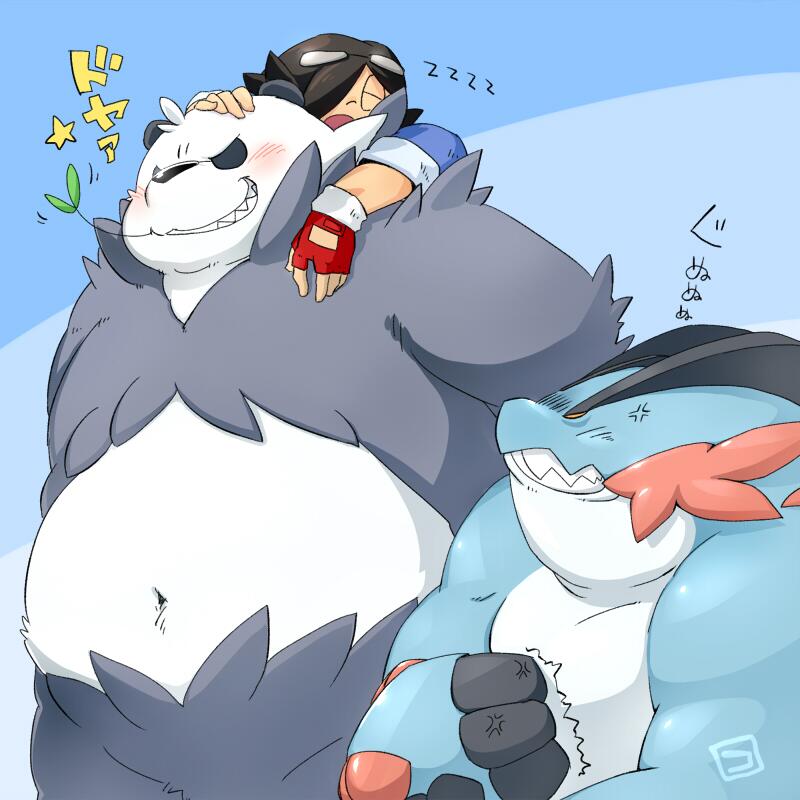 angry anthro belly black_body black_nose blue_body blush carrying_another group humanoid_hands kemono navel overweight simple_background text white_body conoji nintendo pokemon generation_6_pokemon human mammal mega_evolution mega_swampert pangoro pokemon_(species) 1:1 japanese_text