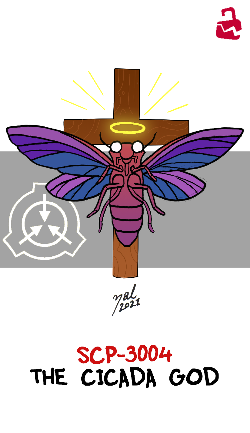 2_antennae 4_wings 6_legs ambiguous_gender antennae_(anatomy) arthropod_abdomen black_text blue_wings broken_lock_symbol christianity cross crucifix crucifixion empty_eyes exoskeleton feral front_view halo hexapod lock_symbol mandibles multi_wing multicolored_wings purple_body purple_exoskeleton purple_wings red_lock_symbol red_text religion simple_background solo spread_wings text white_background white_eyes wings wood yellow_emanata yellow_halo zal-cryptid scp_foundation scp-3004-1 arthropod cicada insect true_bug 2021 character_name colored dated digital_drawing_(artwork) digital_media_(artwork) english_text full-length_portrait hi_res portrait signature