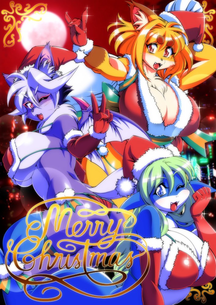 anthro big_breasts blush breasts christmas_clothing christmas_headwear clothed clothing female fur gesture group hair hand_gesture hat headgear headwear holidays kemono long_hair moon one_eye_closed santa_hat short_hair smile v_sign wink amakuchi christmas bloody_bat foxy-rena ocean_orca canid canine cetacean dolphin fox mammal marine oceanic_dolphin orca toothed_whale