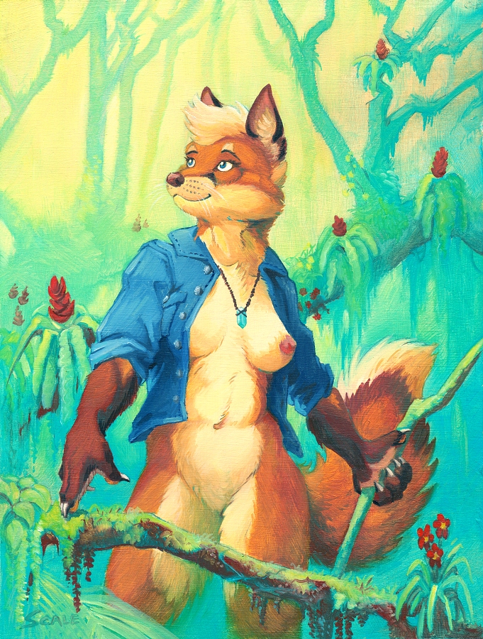 anthro black_nose bottomless breasts casual_exposure casual_nudity claws clothed clothing dress_shirt featureless_crotch female flower forest hair jewelry necklace nipples open_clothing open_shirt open_topwear outdoor_nudity plant shirt solo tail topwear tree scale_(artist) juno_lilikoi canid canine fox mammal 2020 oil_painting_(artwork) painting_(artwork) traditional_media_(artwork)