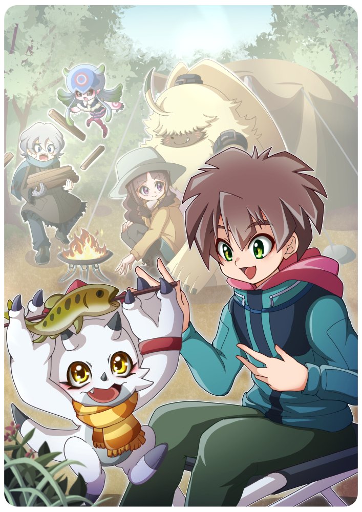 anthro brown_hair camping clothing female fire firewood fur grey_hair group hair hair_over_eyes hat headgear headwear horn male yellow_body yellow_fur haruka_kd bandai_namco digimon digimon_ghost_game hiro_amanokawa kiyoshiro_higashimitarai ruri_tsukiyono angoramon digimon_(species) fish gammamon human humanoid jellymon lagomorph leporid mammal marine rabbit