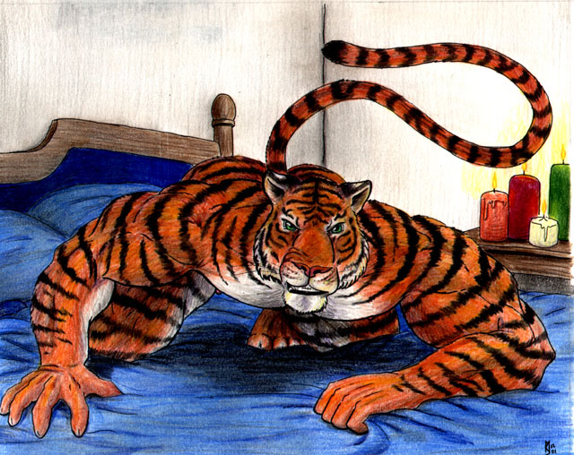 bed candle crouching foreshortening fur furniture green_eyes looking_at_viewer male muscular muscular_male raised_tail solo striped_body striped_fur stripes tail whiskers sudonym felid mammal pantherine tiger traditional_media_(artwork)