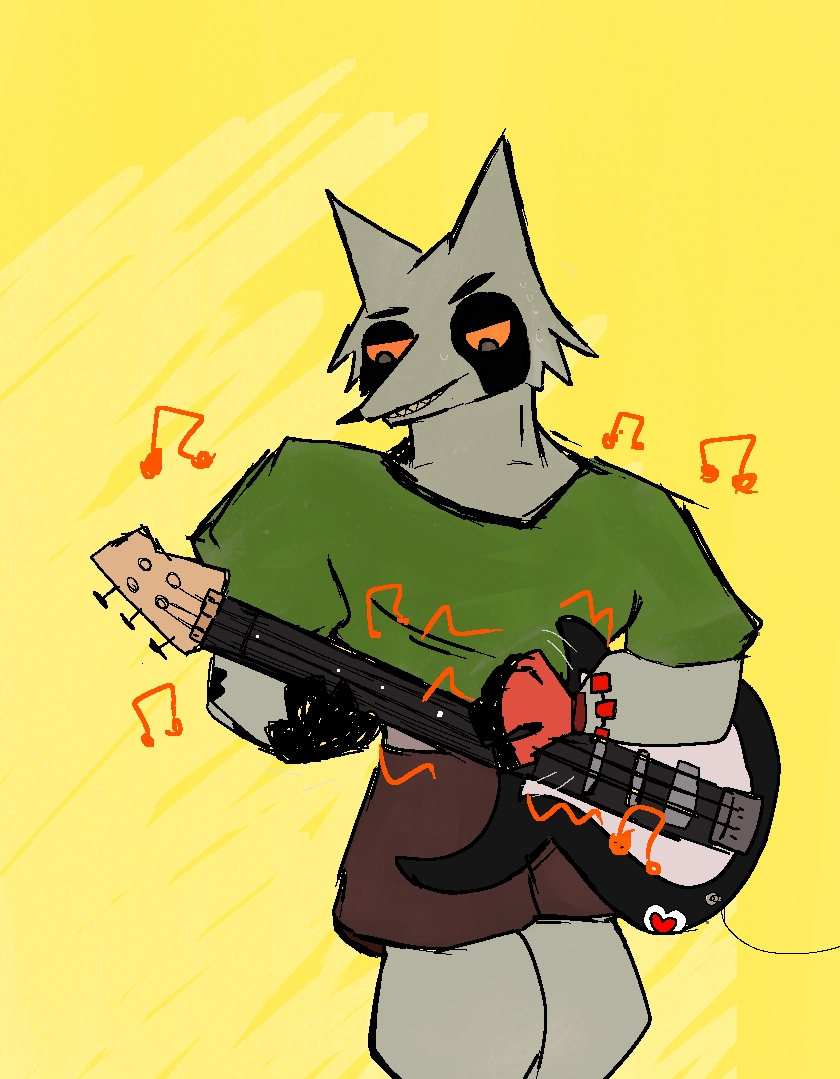 anthro brown_eyes evilsnak3 grin holding_object male music musical_instrument rock simple_background smile solo cu3rvo legends_of_avantris booker_(legends_of_avantris) mammal procyonid raccoon