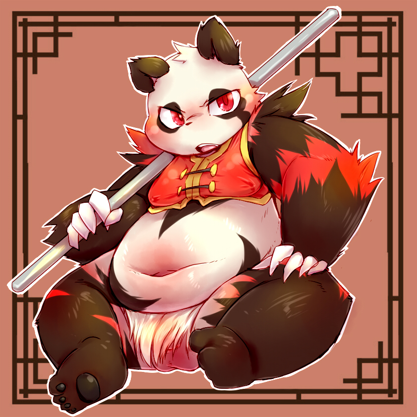 anthro balls belly black_body black_fur bottomwear clothed clothing fur genitals kemono loincloth male naturally_censored navel red_body red_eyes red_fur slightly_chubby solo white_body white_fur chiro_(artist) fanfan bear giant_panda mammal 1:1 2012