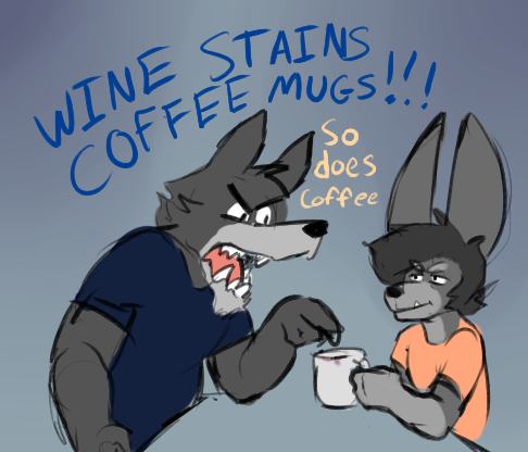 alcohol angry anthro beverage big_ears biped black_hair black_nose blue_clothing blue_shirt blue_topwear cheek_tuft claws clothed clothed_anthro clothed_male clothing coffee_mug countershade_fur countershade_neck countershade_snout countershading cute_fangs duo facial_tuft fangs finger_claws fur furrowed_brow gesture gloves_(marking) grey_background grey_body grey_fur hair hand_gesture humor male markings orange_clothing orange_shirt orange_topwear pink_tongue pointing sharp_teeth shirt side_view simple_background smug snout teeth text tongue topwear tuft wine yelling glass0milk canid canine canis mammal wolf 2017 english_text low_res