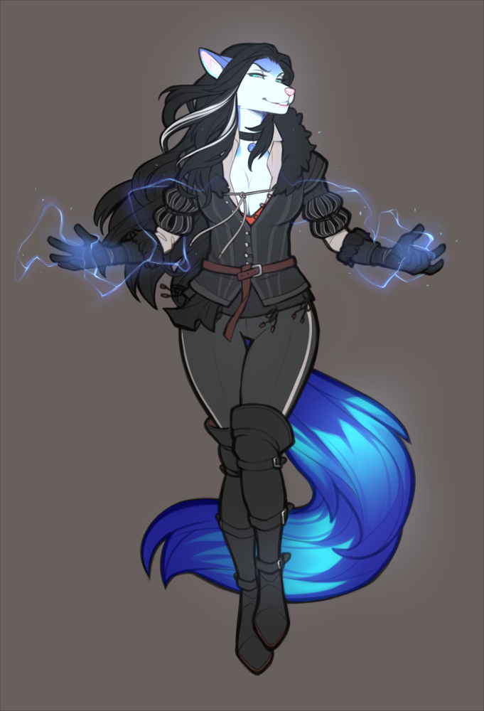 anthro black_hair blue_body blue_eyes blue_fur clothing cosplay female fur grey_background hair magic_user simple_background solo spearfrost the_witcher yennefer_of_vengerberg mammal aurora_(disambiguation)