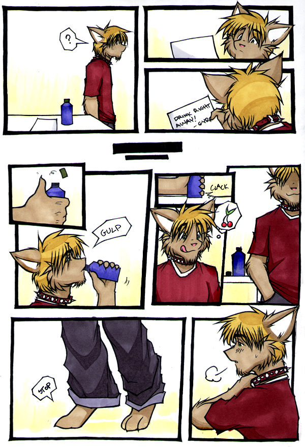 anthro blockage_(layout) blonde_hair bodily_fluids breath clothing collar drinking fade_panel gyro_comic hair horizontal_staggering male nine_frame_image panel_overlap potion question_mark separation_(layout) solo staggering_(layout) sweat text vertical_blockage meesh domestic_cat felid feline felis mammal comic digital_media_(artwork) english_text traditional_media_(artwork)