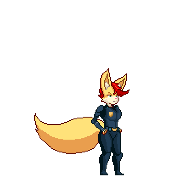 anthro badge belt big_tail blinking clothing dark_clothing female fur hair hand_on_hip idle_animation multicolored_body multicolored_fur police police_uniform red_hair solo tail two_tone_body two_tone_fur uniform gillenew trials_in_tainted_space penny_(tits) canid canine fennec_fox fox mammal true_fox 1:1 animated digital_media_(artwork) pixel_(artwork) pixel_animation short_playtime