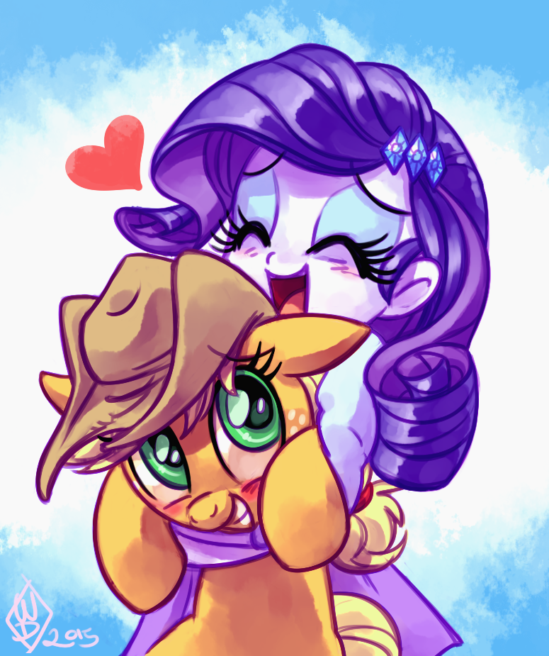 accessory blonde_hair blush clothing cowboy_hat duo eyes_closed female freckles green_eyes hair hair_accessory hairpin hat headgear headwear heart_symbol hug purple_hair whitediamonds equestria_girls friendship_is_magic hasbro my_little_pony applejack_(mlp) rarity_(eg) earth_pony equid equine horse human mammal pony 2015