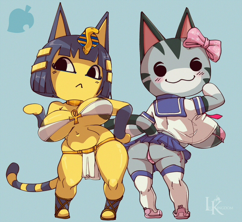 anthro areola areola_slip big_areola big_breasts blush bottomwear breasts butt clothed clothing duo female furgonomics hand_on_hip loincloth short_stack skirt tail tail_through_skirt thong underwear upskirt glacierk leokingdom animal_crossing nintendo ankha_(animal_crossing) lolly_(animal_crossing) domestic_cat felid feline felis mammal