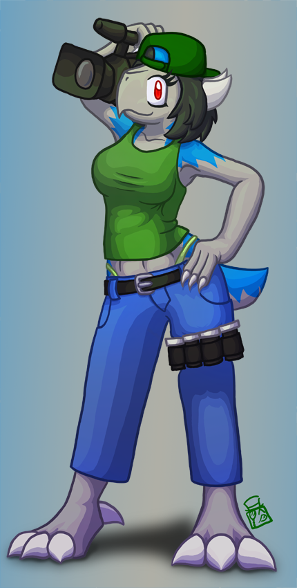 anthro breasts camera clothed clothing female hat headgear headwear holding_camera holding_object medium_breasts pokemorph solo video_camera intruder_(artist) nintendo pokemon cranidos dinosaur fossil_pokemon generation_4_pokemon pokemon_(species) prehistoric_species reptile scalie cool_colors