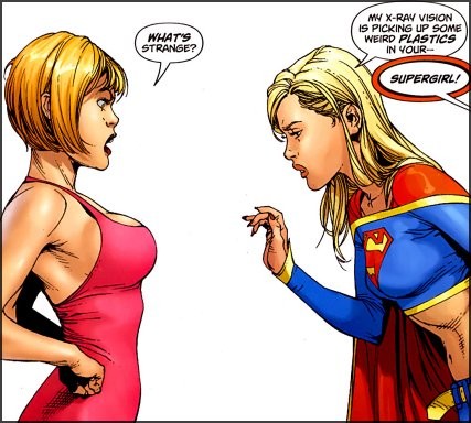 blonde_hair breast_implants breasts clothing costume duo female hair humor looking_at_another not_furry s-shield side_view unknown_artist dc_comics supergirl human kryptonian mammal grandfathered_content low_res