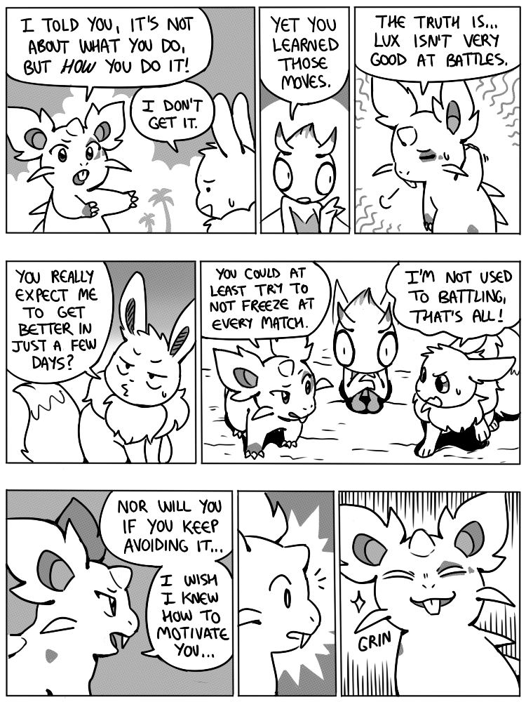 8_panel_comic ambiguous_gender antennae_(anatomy) anterior_nasal_aperture anthro black_eyes black_nose black_text bodily_fluids claws cloud day dialogue dot_eyes ellipsis exclamation_point eyebrows eyes_closed feral finger_claws fluffy fluffy_tail fur grin group hand_behind_head horn looking_at_another neck_tuft open_mouth outside palm_tree plant pupils question_mark shadow sitting sky smile speech_bubble standing sweat sweatdrop tail talking_to_another teeth text toe_claws tree trio tuft white_pupils white_sclera wings flavia-elric nintendo pokemon pokemon_mystery_dungeon spike_chunsoft celebi_(yapc) lux_(yapc) rayne_(yapc) celebi eevee generation_1_pokemon generation_2_pokemon legendary_pokemon nidoran nidoran♀ pokemon_(species) 2022 3:4 black_and_white comic digital_media_(artwork) english_text monochrome