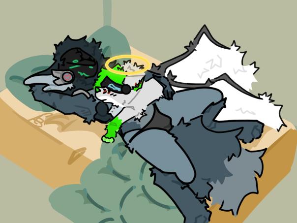 anthro bed bedroom big_feet bulge cuddling duo feathered_wings feathers feet female feral fluffy fluffy_hair fluffy_tail furniture hair halo machine male neck_tuft protogen_visor protogenized sleeping small_paws tail tuft wings ahw0nqusk protogen 4:3