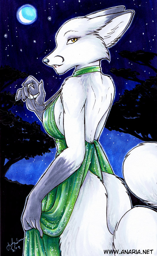 anthro backless_dress breasts classy clothing detailed_background dress evening_gown female moon multi_tail night outside plant sky solo star starry_sky tail tree wood yellow_eyes jennifer_l_anderson arctic_fox canid canine fox mammal true_fox