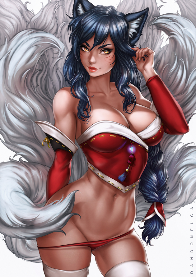 black_body black_fur black_hair breasts cleavage clothed clothing clothing_pull female fur hair legwear panties panty_pull simple_background solo thigh_highs underwear underwear_pull white_background white_hair yellow_eyes dandon_fuga league_of_legends riot_games tencent ahri_(lol) animal_humanoid canid canid_humanoid canine canine_humanoid fox_humanoid humanoid mammal mammal_humanoid