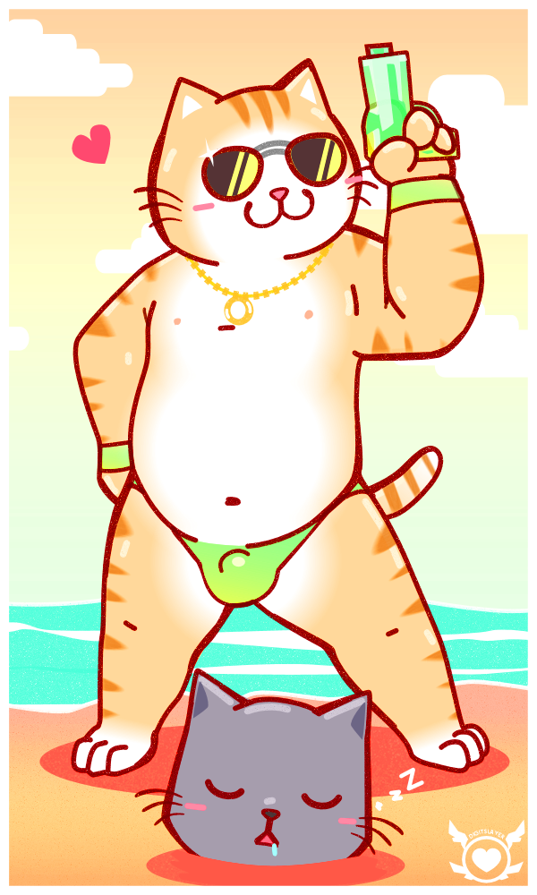 :3 anthro beach bodily_fluids bulge buried buried_in_sand clothed clothing cloud day detailed_bulge drooling duo eyes_closed eyewear heart_symbol male navel nipples outside pose saliva sand seaside sleeping smile sound_effects speedo standing sunglasses swimwear topless vowelless vowelless_sound_effect water whiskers zzz digitslayer working_buddies! kuehiko_roshihara tapio_chatarozawa domestic_cat felid feline felis mammal 3:5