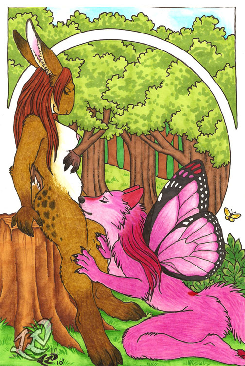 anthro art_nouveau breasts circle cunnilingus detailed_background duo eyes_closed female female/female forest fur insect_wings lepidopteran_wings licking nipples oral outside pink_body pink_fur plant sex sky tail tongue tongue_out tree vaginal wings wood luthien_nightwolf maraschino arthropod butterfly butterfly_furry canid canine canis hybrid insect lagomorph lepidopteran leporid mammal rabbit wolf 2010 traditional_media_(artwork)