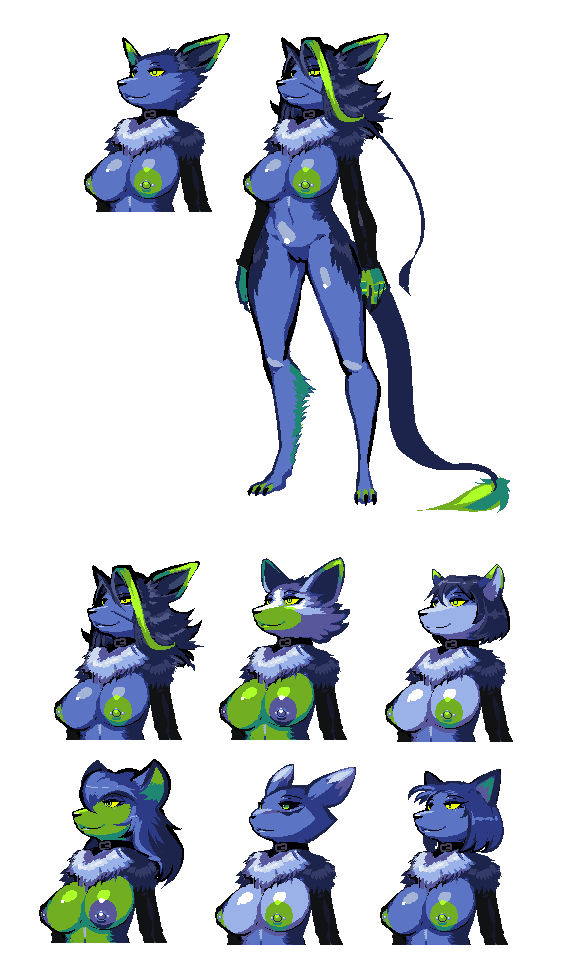 anthro arm_warmers armwear blue_body blue_fur blue_hair blue_nipples breasts claws clothing collar female fur genitals green_body green_eyes green_fur green_hair green_nipples hair nipple_piercing nipples piercing pussy simple_background smile solo transparent_background yellow_eyes s-purple breeding_season alien canid canine domestic_cat felid feline felis fox mammal titwolf alpha_channel multiple_images