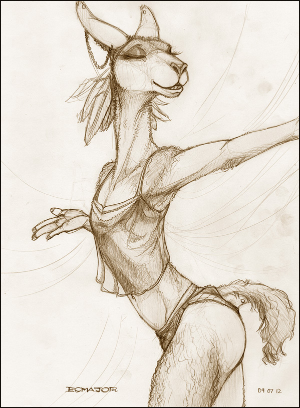 anthro camisole clothed clothing crossdressing ear_piercing femboy furgonomics furry-specific_piercing hooves lingerie male nightgown piercing simple_background solo tail tail_piercing ecmajor santiago_sara_(ecmajor) camelid guanaco mammal 2012 traditional_media_(artwork)