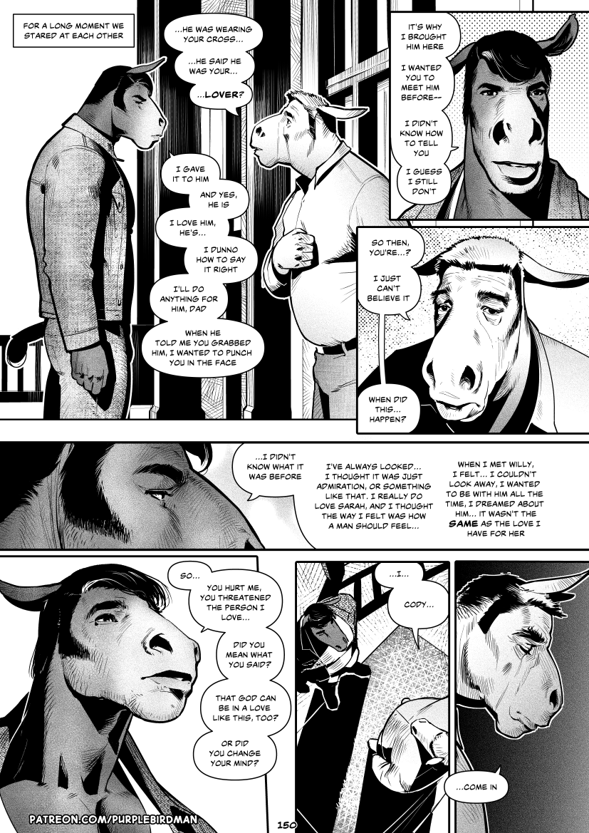 anthro bottomwear clothed clothing dialogue duo fingers fur hair male muscular muscular_anthro muscular_male page_number pants sad shirt speech_bubble tail text topwear falcon_mccooper cody_(falcon_mccooper) bovid bovine equid equine horse mammal 2023 black_and_white comic digital_media_(artwork) english_text monochrome url