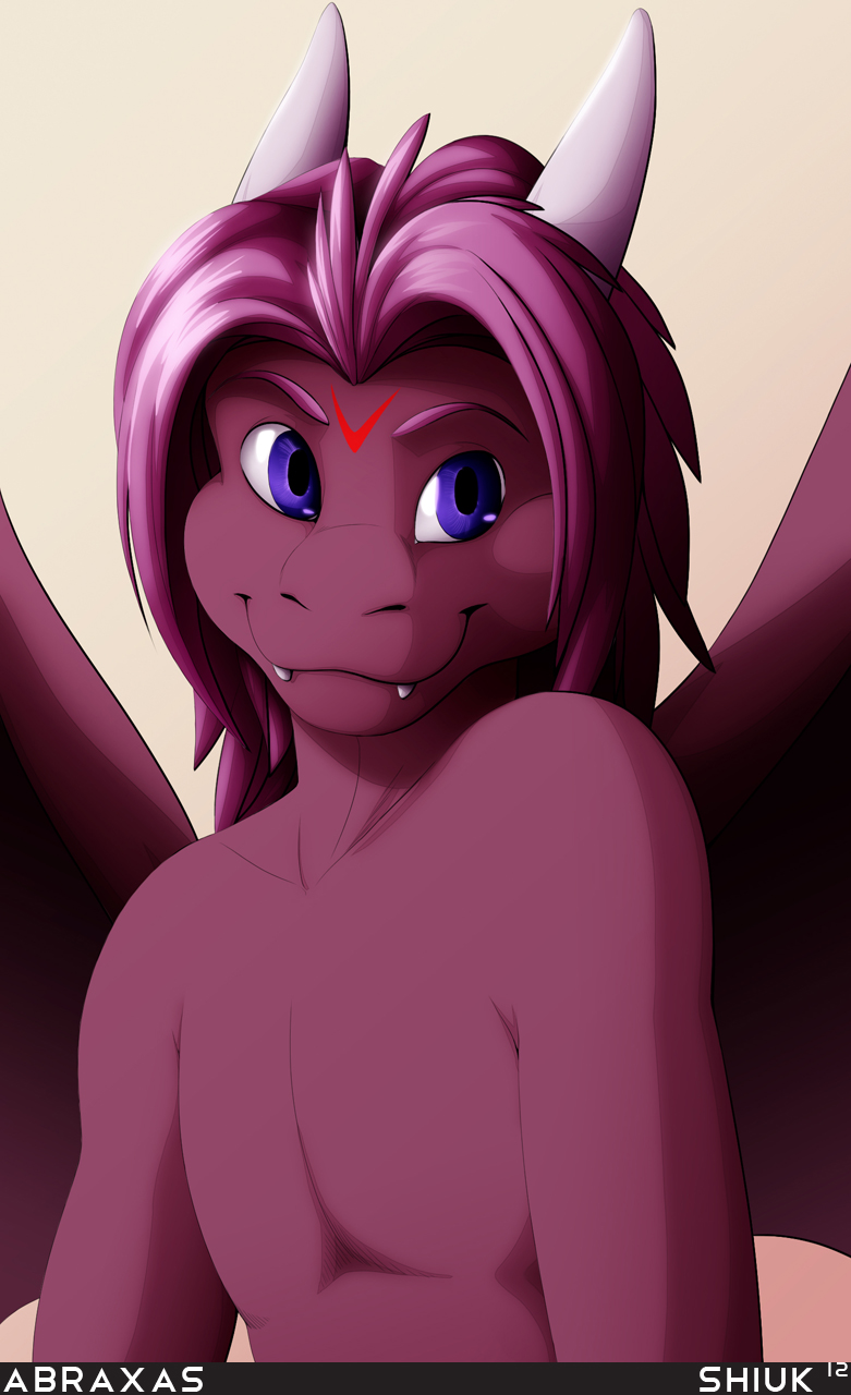 anthro blue_eyes front_view grin hair horn male nude purple_body purple_hair simple_background smile solo three-quarter_view white_background wings shiuk european_mythology mythology abraxas dragon mythological_creature mythological_scalie scalie western_dragon 2012 digital_media_(artwork) half-length_portrait hi_res portrait