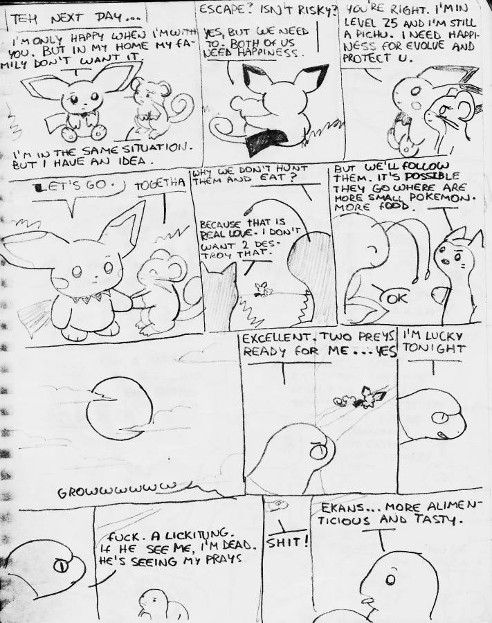 ambiguous_gender anthro base_four_layout dialogue feral four_row_layout group horizontal_staggering nine_frame_staggered_grid staggering_(layout) text twelve_frame_image htfcuddles nintendo pokemon ekans furret generation_1_pokemon generation_2_pokemon lickitung mammal meganium pichu pokemon_(species) rattata rodent 2008 black_and_white comic english_text monochrome pen_(artwork) traditional_media_(artwork)