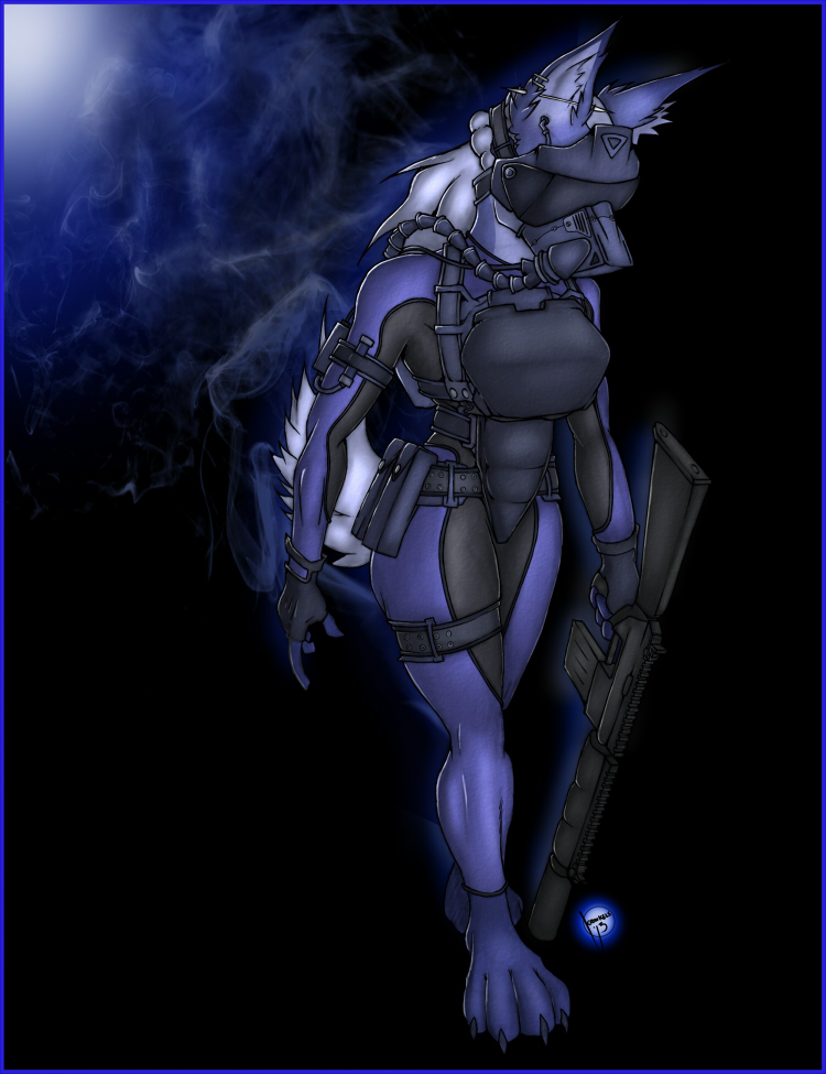 abstract_background anthro armor biped black_background blue_border border ear_piercing female gas_mask gun headgear helmet industrial_piercing mask military piercing ranged_weapon rifle simple_background solo standing visor walking weapon wetsuit krinkels cyera canid canine canis fox hybrid mammal wolf