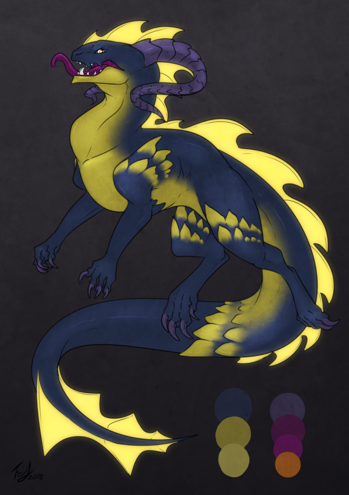 blue_body blue_skin feral horn male showcase solo tail tongue tongue_out yellow_body yellow_skin fefairy mythology dragon mythological_creature mythological_scalie scalie digital_media_(artwork)